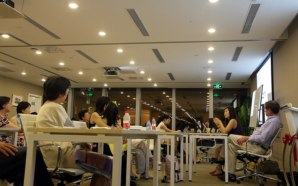 Liheng conducts a parents seminar at the Kerry Center in Beijing, China.